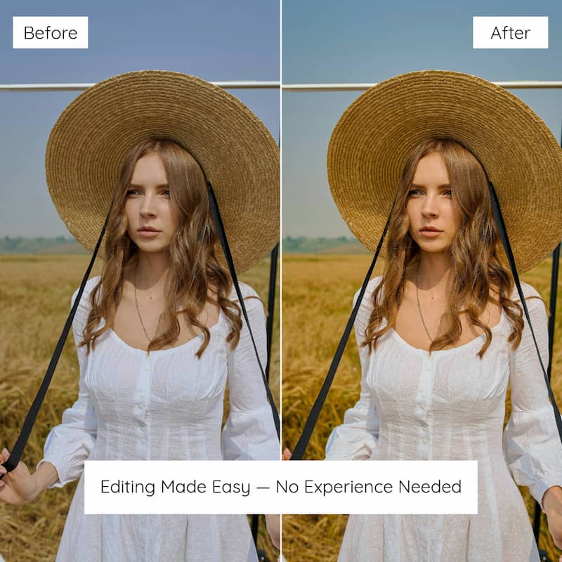 Before and after comparison of a woman with a straw hat in a field edited with Kodak Ektar Look Preset Collection.