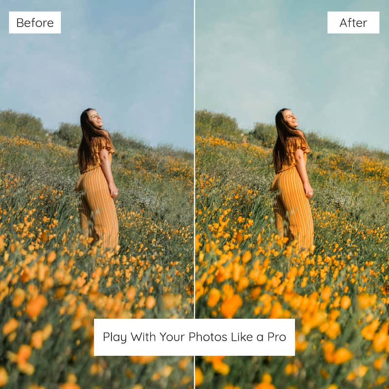 Before and after comparison of a woman in a yellow dress standing in a field of flowers edited with Kodak Ektar Look Preset Collection.