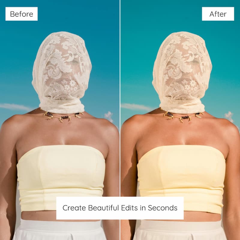 Before and after comparison of a person wearing a lace hood against a blue sky edited with Kodak Ektar Look Preset Collection.
