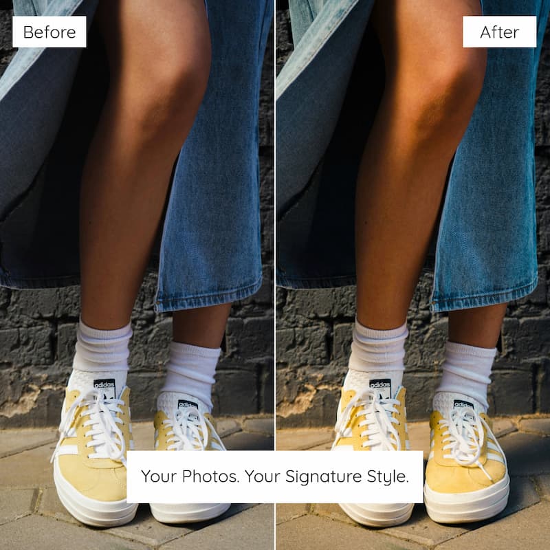 Before and after comparison of a person wearing yellow sneakers and white socks against a brick wall edited with Kodak Ektar Look Preset Collection.