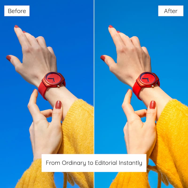 Before and after comparison of a person wearing a red watch edited with Kodak Ektar Look Preset Collection.