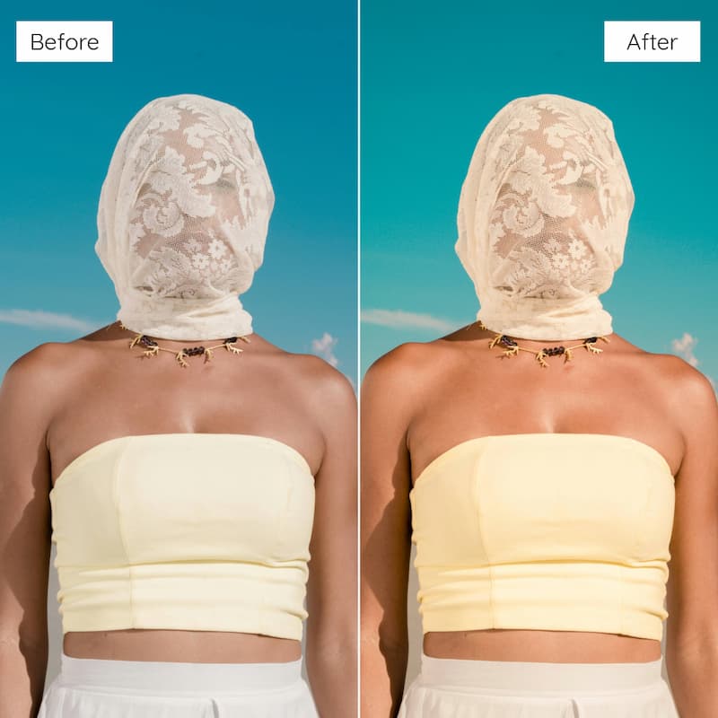 Before and after comparison of a person wearing a lace headscarf and yellow top against a blue sky edited with Kodak Ektar Look Video LUTs.