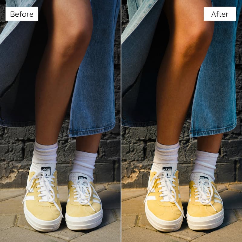 Before and after comparison of a person wearing yellow sneakers and white socks against a brick wall edited with Kodak Ektar Look Video LUTs.