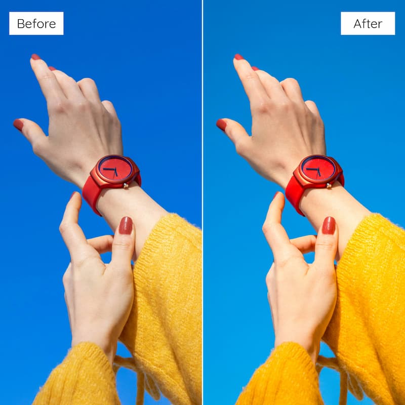 Before and after comparison of a person wearing a red watch against a blue background edited with Kodak Ektar Look Video LUTs.
