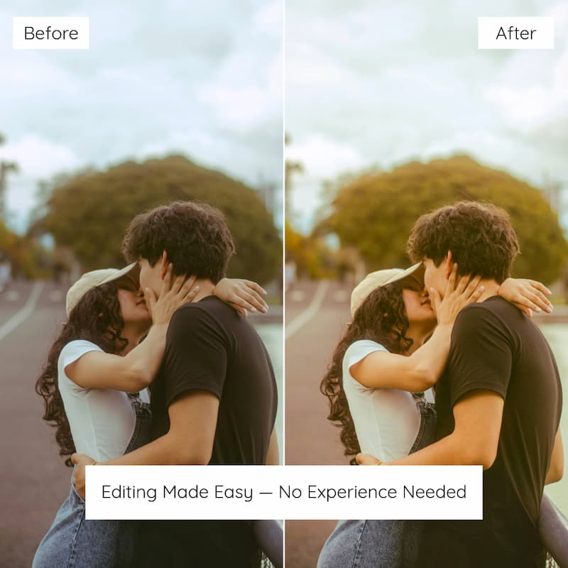 Before and after comparison of a couple kissing edited with edited with Kodak Portra Look Preset Collection.
