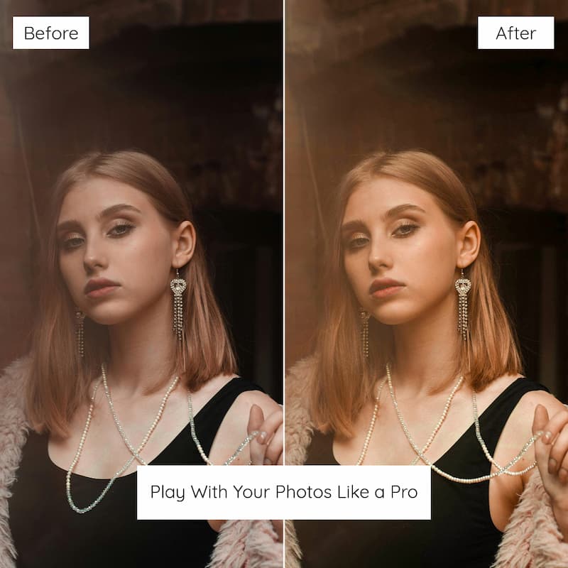 Before and after comparison of a woman with jewelry edited with edited with Kodak Portra Look Preset Collection.