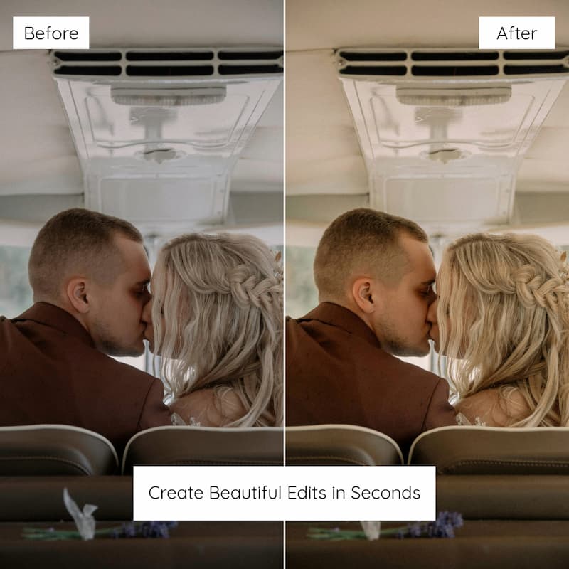 Before and after comparison of a couple kissing edited with edited with Kodak Portra Look Preset Collection.