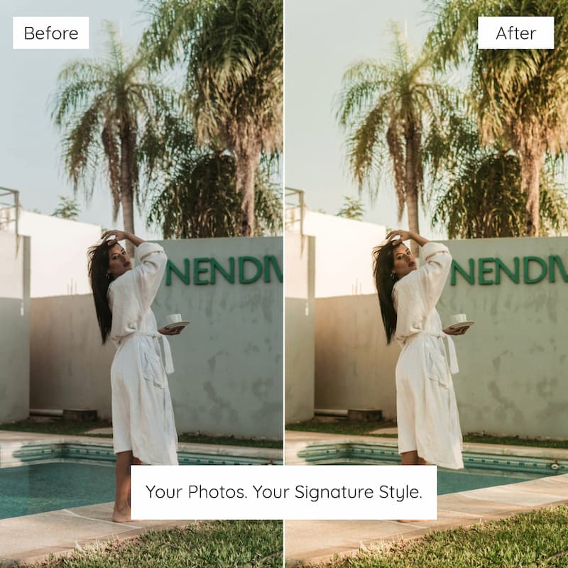 Before and after comparison of a woman by a pool edited with edited with Kodak Portra Look Preset Collection.
