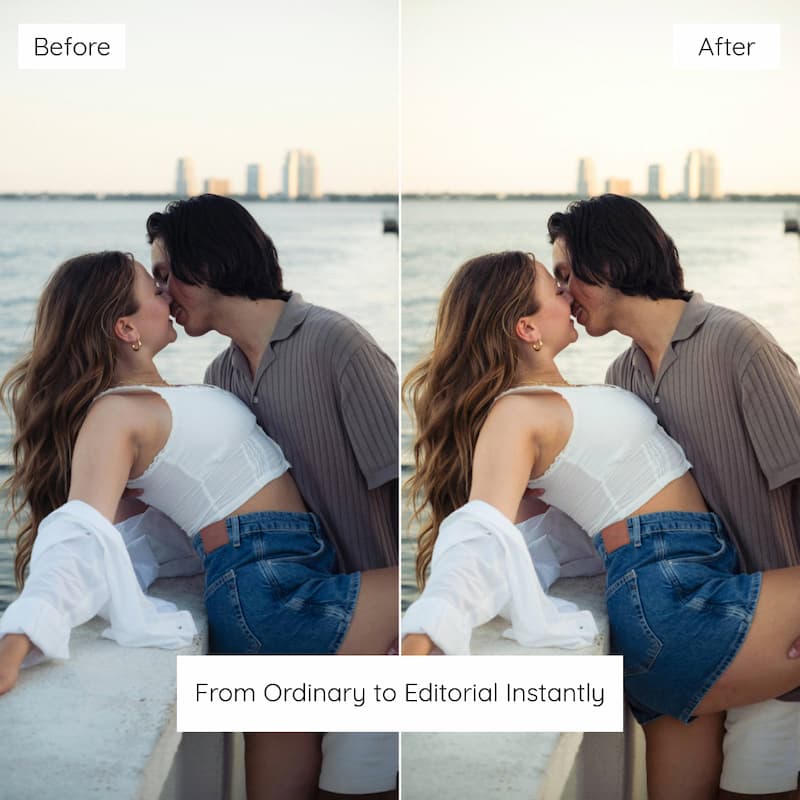 Before and after comparison of a couple kissing by the water edited with edited with Kodak Portra Look Preset Collection.