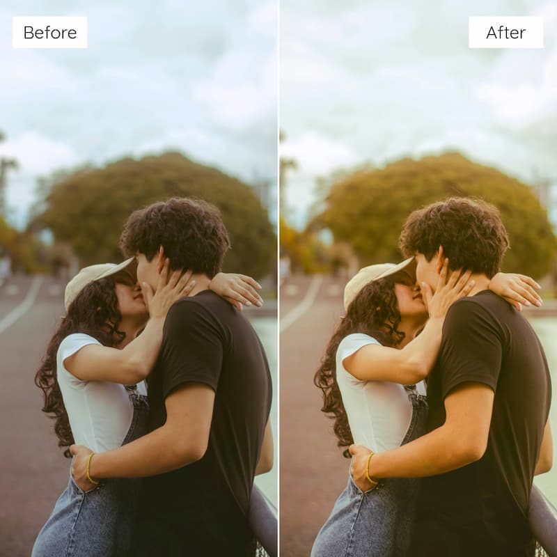 Before and after comparison of a couple kissing outdoors edited with Kodak Gold Look Video LUTs.