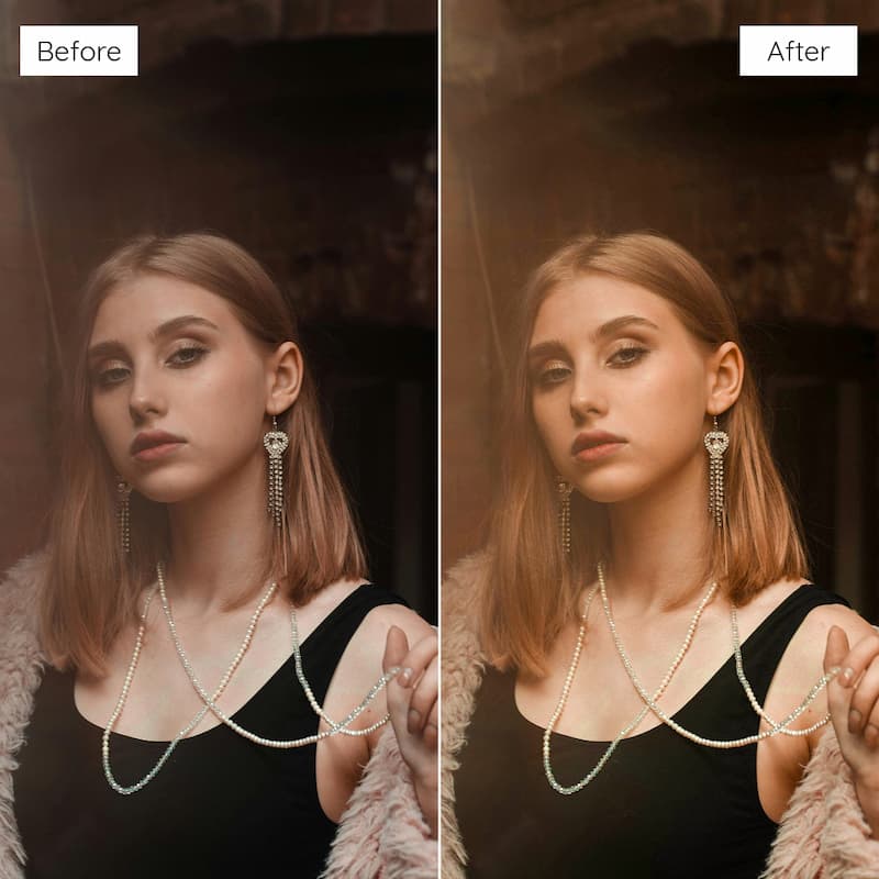 Before and after comparison of a woman wearing jewelry edited with Kodak Gold Look Video LUTs.