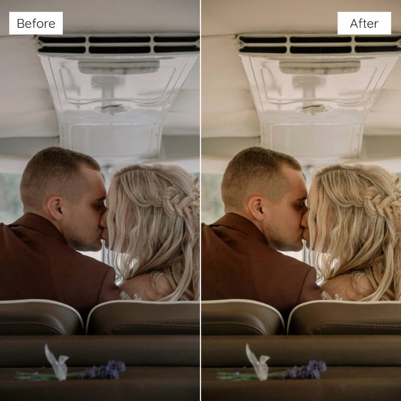 Before and after comparison of a couple kissing on a train seat edited with Kodak Gold Look Video LUTs.