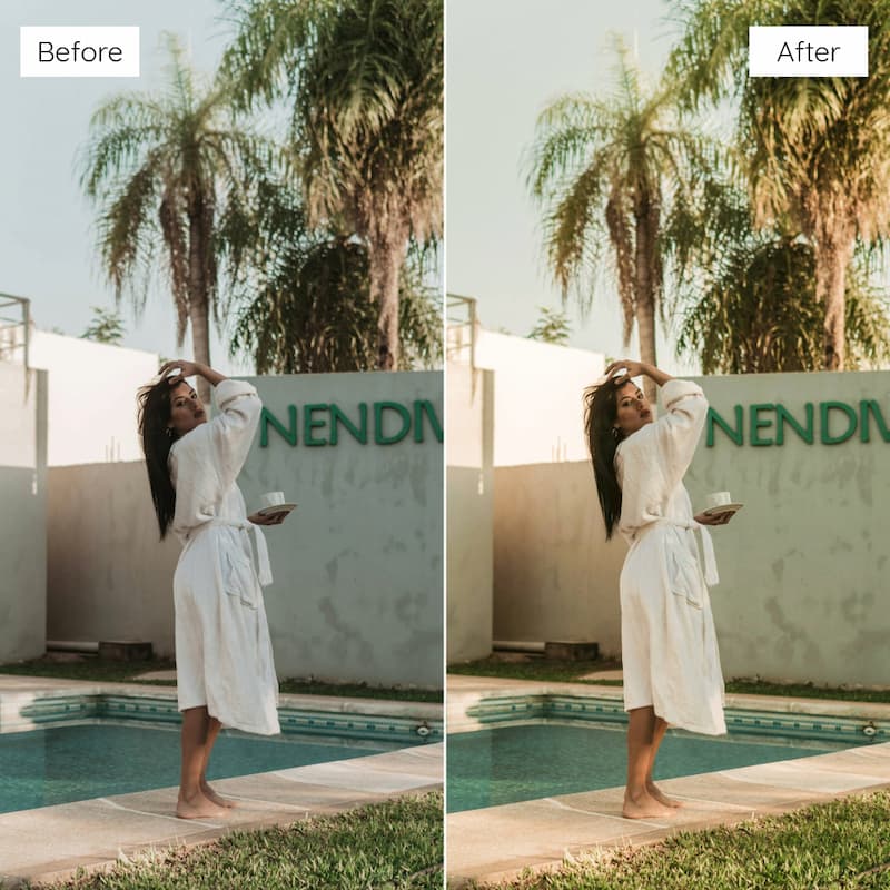 Side-by-side comparison of a woman by a pool edited with Kodak Gold Look Video LUTs.