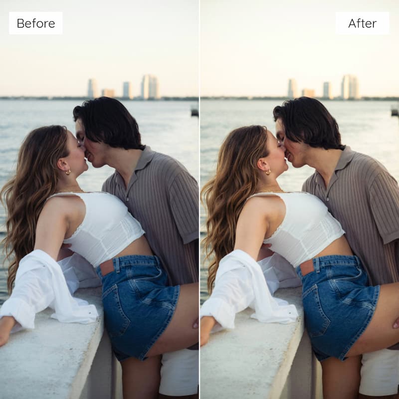 Before and after comparison of a couple kissing by a waterfront edited with Kodak Gold Look Video LUTs.