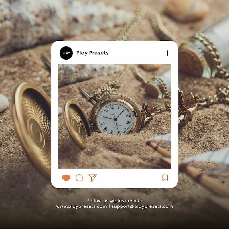 Vintage pocket watch on sand edited with Kodak Gold Look Video LUTs.