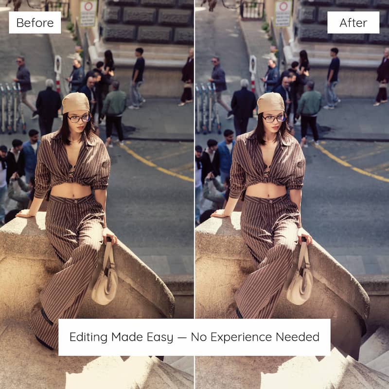 Before and after comparison of a woman sitting on a stone bench edited with Kodak Portra Look Preset Collection.