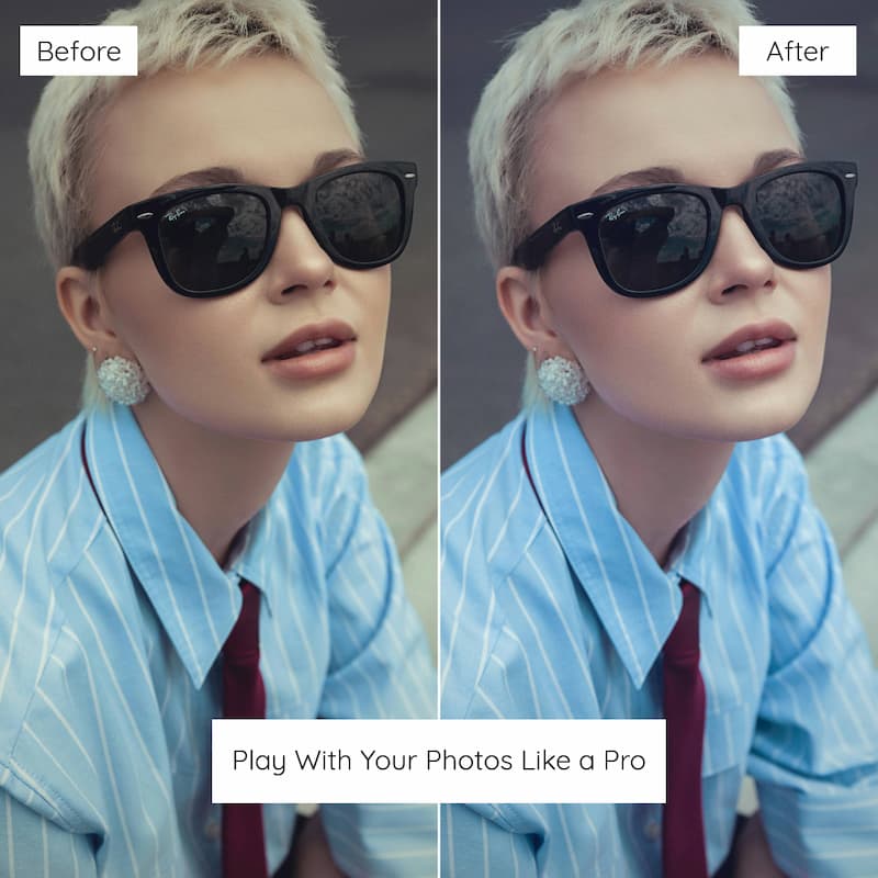 Before and after comparison of a person wearing sunglasses edited with Kodak Portra Look Preset Collection.