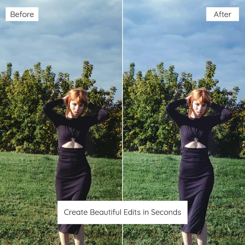 Before and after comparison of a person in a field edited with Kodak Portra Look Preset Collection.
