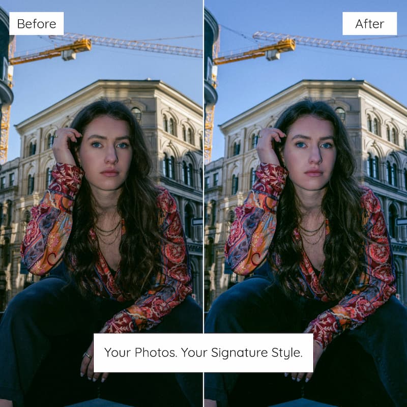 Before and after comparison of a woman with a colorful scarf in front of an architectural building edited with Kodak Portra Look Preset Collection.