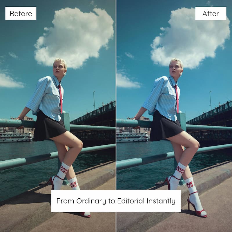 Before and after comparison of a person posing on a bridge edited with Kodak Portra Look Preset Collection.