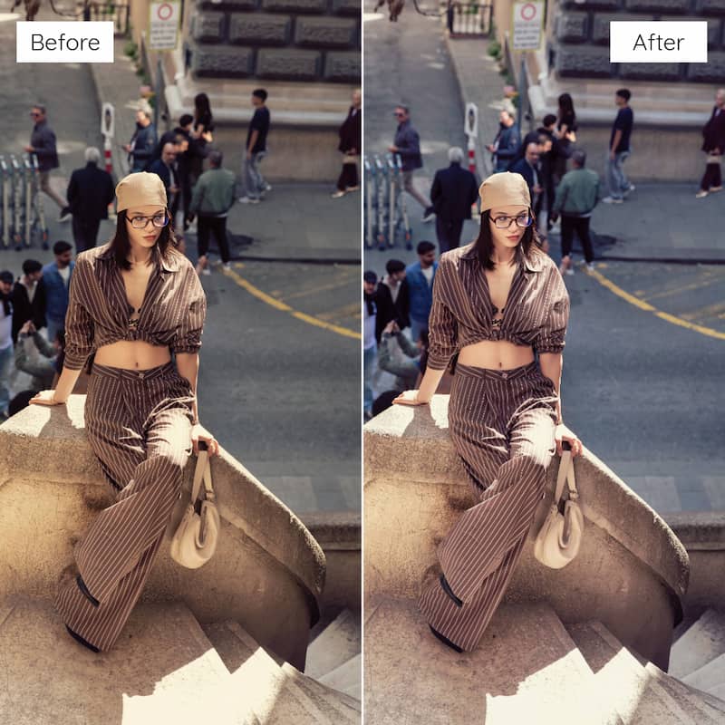 Before and after comparison of a woman sitting on steps edited with Kodak Portra Look Video LUTs.