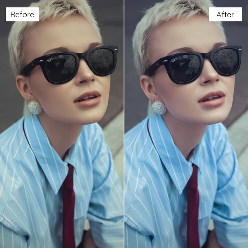 Before and after comparison of a person wearing sunglasses and a striped shirt edited with Kodak Portra Look Video LUTs.