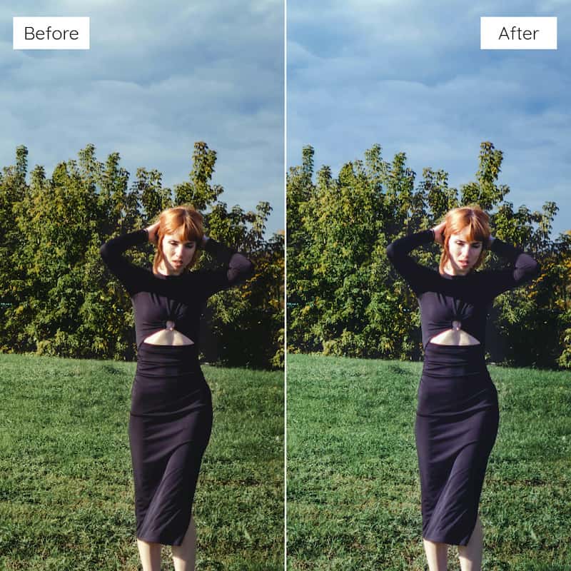 Before and after comparison of a person in a black outfit against a green field with trees edited with Kodak Portra Look Video LUTs.