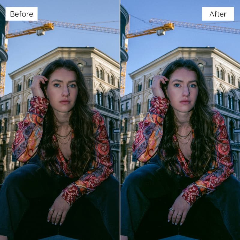Before and after comparison of a woman sitting in front of a building with cranes edited with Kodak Portra Look Video LUTs.