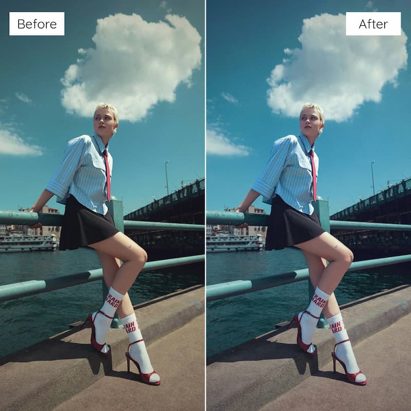 Before and after comparison of a person posing on a bridge with a blue sky edited with Kodak Portra Look Video LUTs.