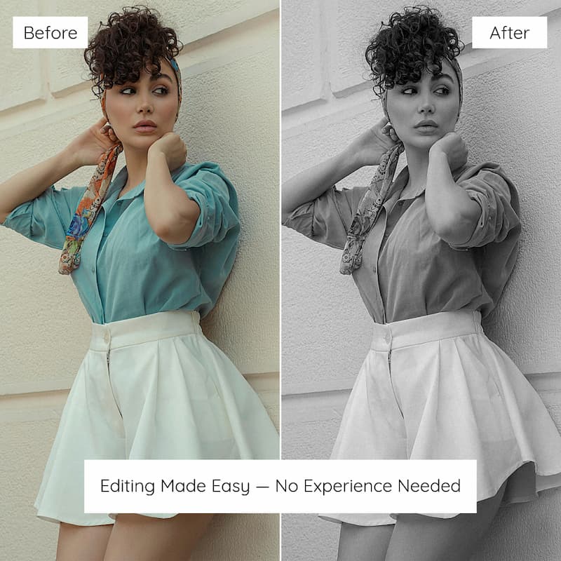 Before and after comparison of a person in a teal shirt and white skirt edited with Kodak T-MAX B&W Look Preset Collection.