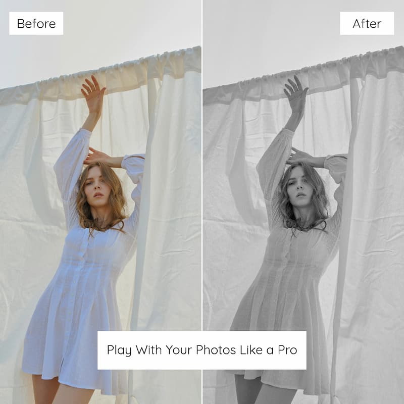 Before and after comparison of a photo editing effect on a woman in a light blue dress edited with Kodak T-MAX B&W Look Preset Collection.