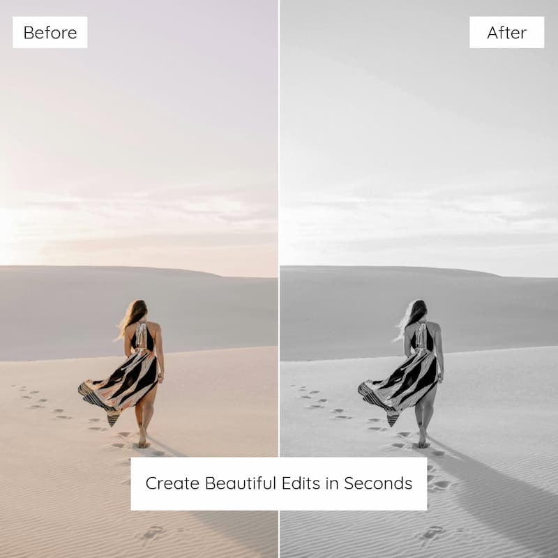 Before and after comparison of a woman in a dress on sand dunes edited with Kodak T-MAX B&W Look Preset Collection.