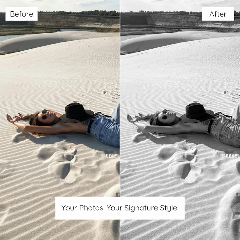 Before and after comparison of a person lying on sand edited with Kodak T-MAX B&W Look Preset Collection.