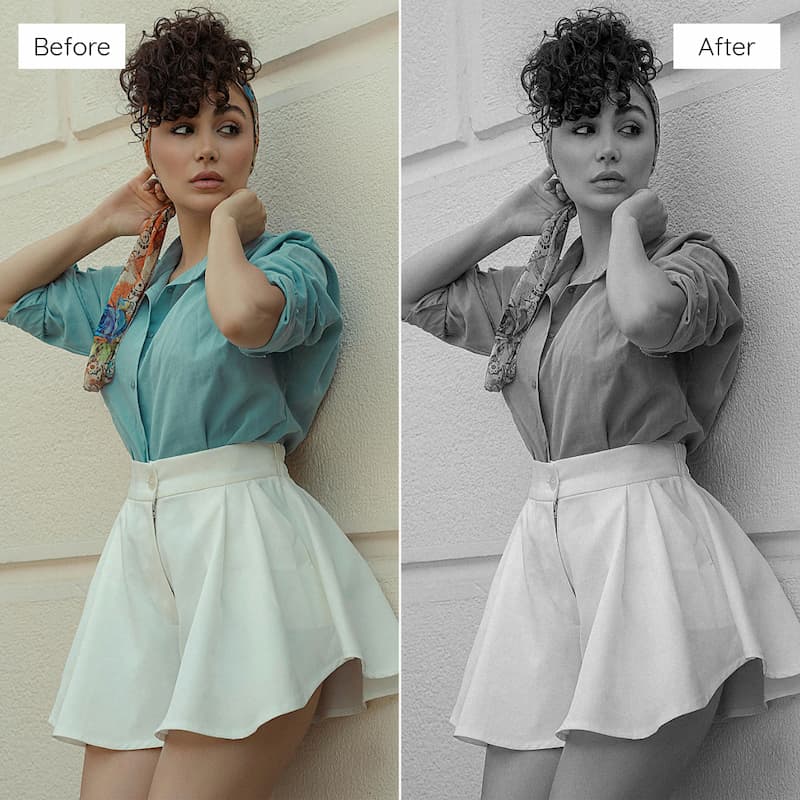 Before and after comparison of a person in a teal shirt and white skirt with a scarf edited with Kodak T-MAX B&W Look Video LUTs.