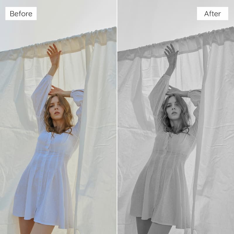 Before and after comparison of a woman in a light blue dress against a white curtain edited with Kodak T-MAX B&W Look Video LUTs.