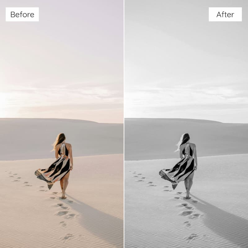 Before and after comparison of a woman walking in sand dunes edited with Kodak T-MAX B&W Look Video LUTs.
