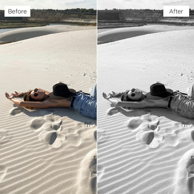 Before and after comparison of a person lying on sand edited with Kodak T-MAX B&W Look Video LUTs.