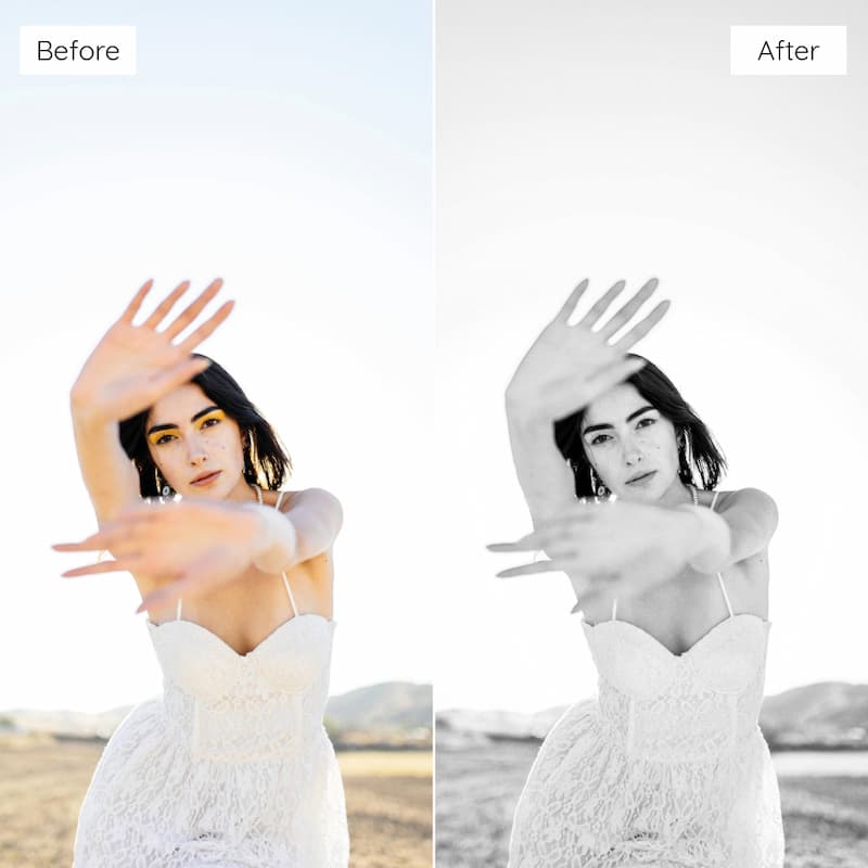 Before and after comparison of a woman in a white dress with hands outstretched on a beach edited with Kodak T-MAX B&W Look Video LUTs.