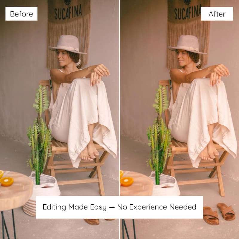 Before and after comparison of a woman sitting on a chair edited with Kodak Ultramax Look Preset Collection.