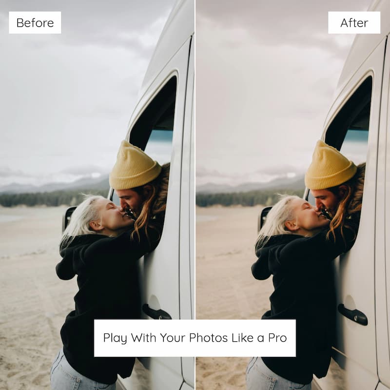 Before and after comparison of a photo of two people embracing by a van on a beach edited with Kodak Ultramax Look Preset Collection.