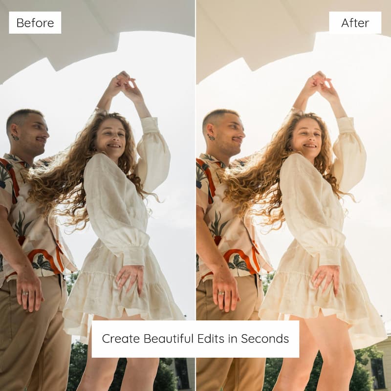 Before and after comparison of a couple holding hands outdoors edited with Kodak Ultramax Look Preset Collection.