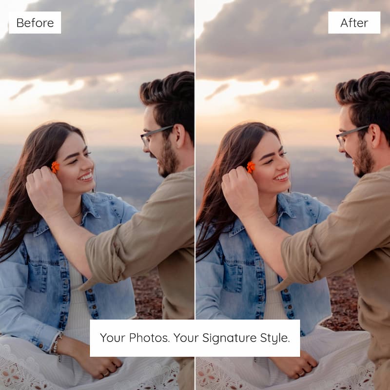 Before and after comparison of a couple at sunset edited with Kodak Ultramax Look Preset Collection.
