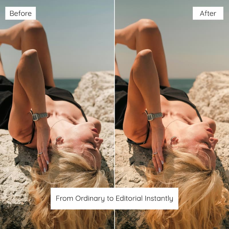 Before and after comparison of a person lying on rocks edited with Kodak Ultramax Look Preset Collection.