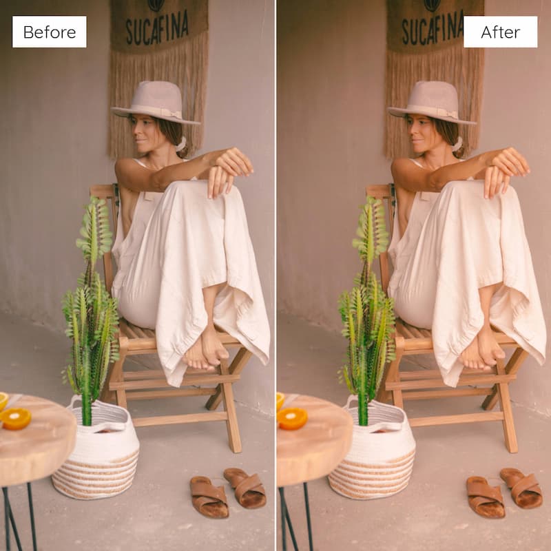 Before and after comparison of a woman sitting on a chair with a plant and table edited with Kodak Ultramax Look Video LUTs.