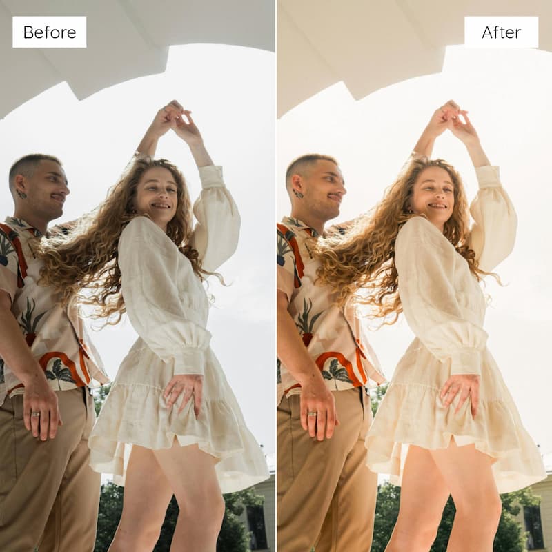 Before and after comparison of a couple holding hands outdoors edited with Kodak Ultramax Look Video LUTs.