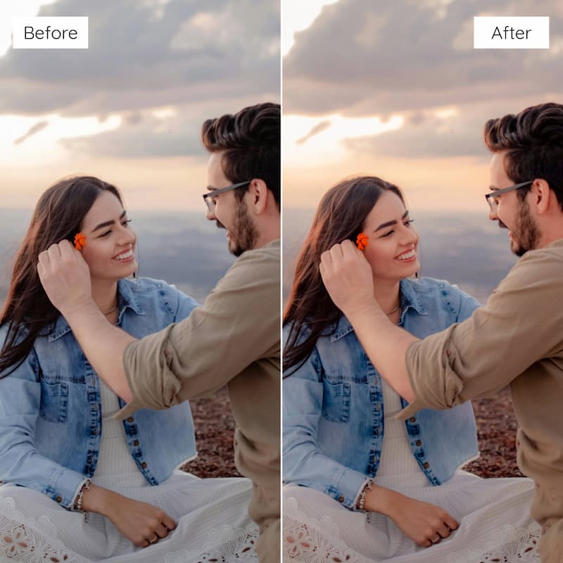 Before and after comparison of a couple sitting together with a sunset in the background edited with Kodak Ultramax Look Video LUTs.