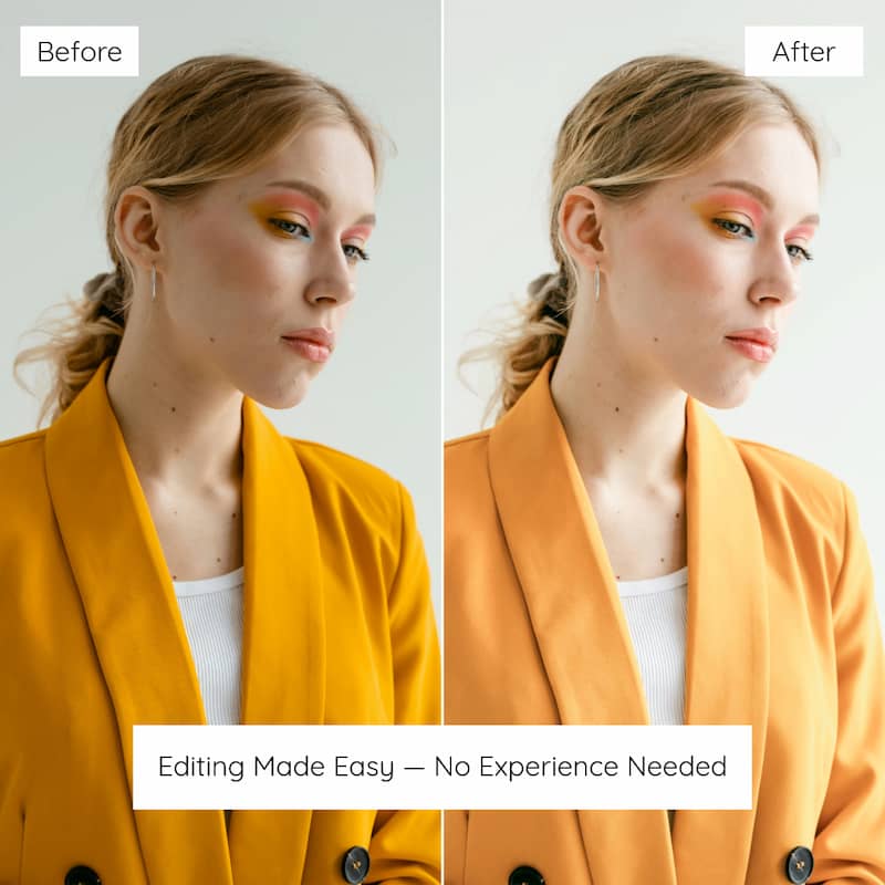 Before and after comparison of a woman wearing a yellow jacket Edited with Lemon Lightroom Preset