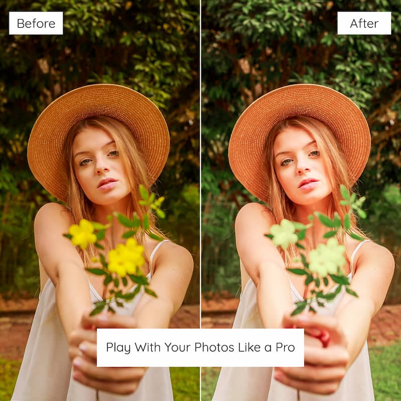 Before and after comparison of a woman holding flowers Enhanced with Lemon Lightroom Preset