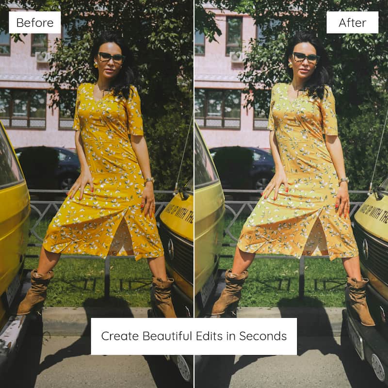 Before and after comparison of a woman in a yellow dress standing next to a vintage car Edited with Lemon Lightroom Preset
