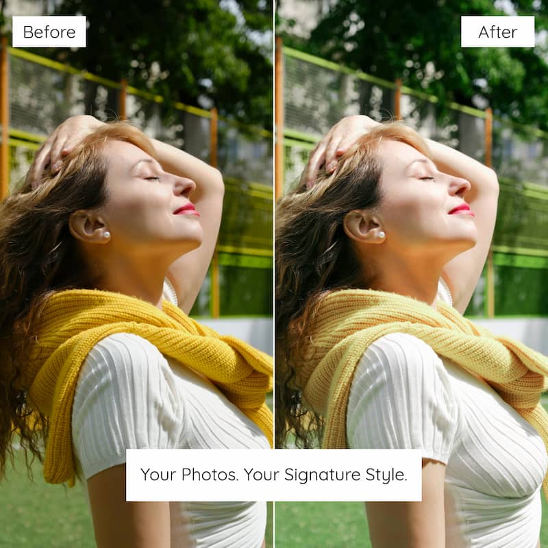 Before and after comparison of a woman with a yellow scarf against a green background Edited with Lemon Lightroom Preset